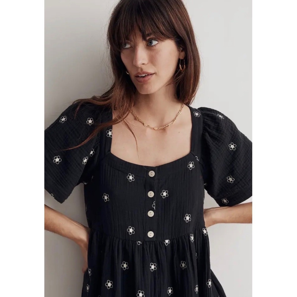 Madewell Black Midi Dress with White Floral Embroidery